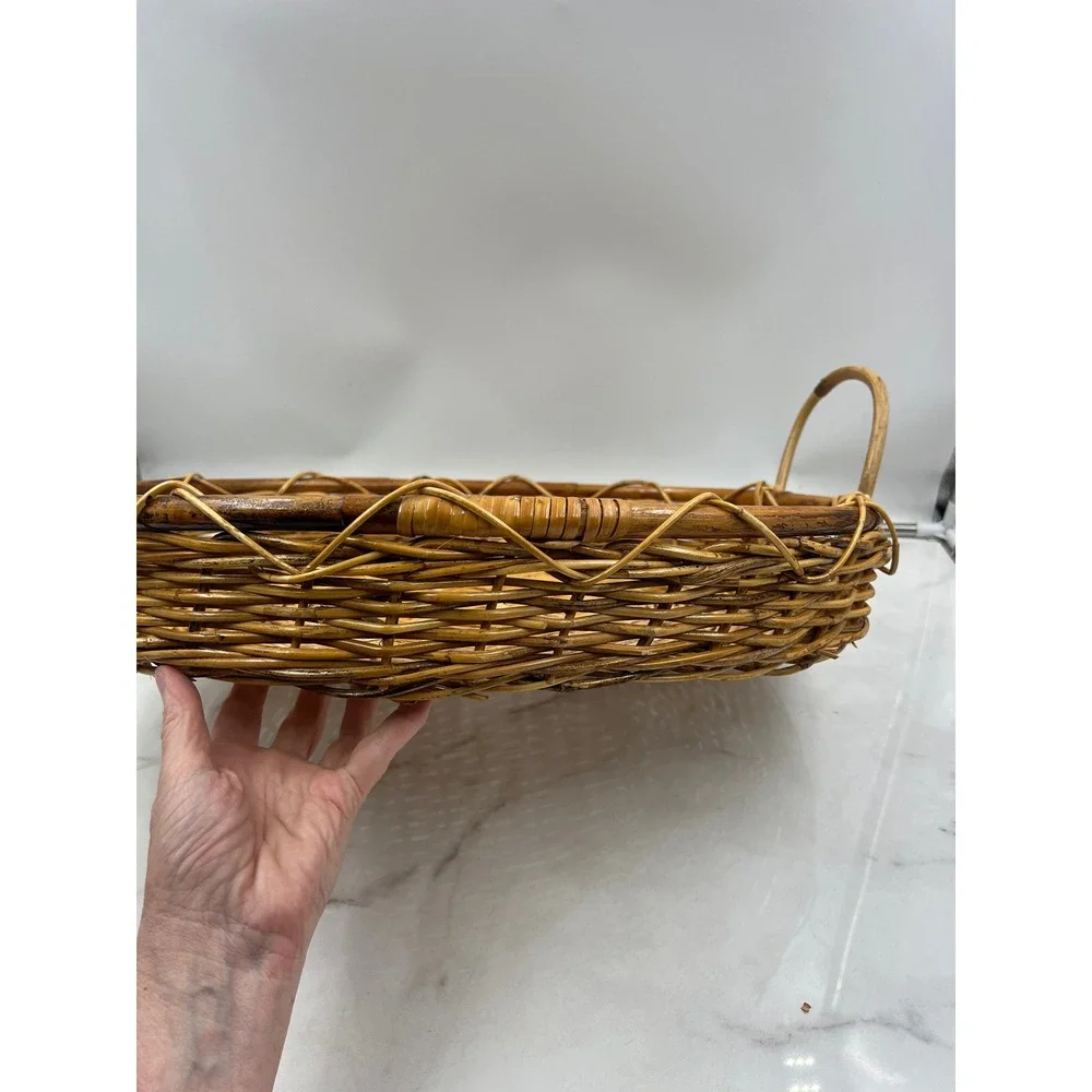 Vintage Oval Wicker Serving Tray with Handles Large Woven Rattan Basket 19 Inch